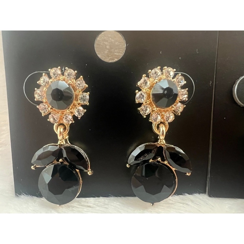 Saks Fifth Avenue Earrings 2 Pair Black Gold Crystal Rhinestone NWT Glam Evening - Picture 2 of 13